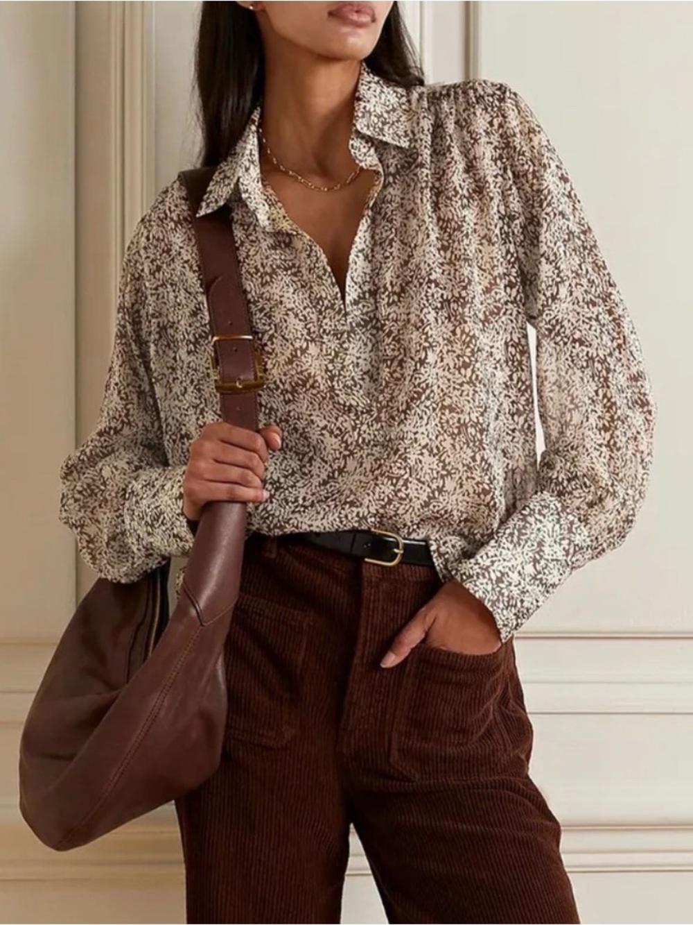 Nili Lotan Cream and Brown Floral Long-Sleeve Blouse